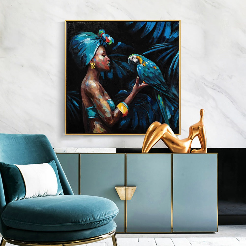 Tableau femme africaine et perroquet toile salon