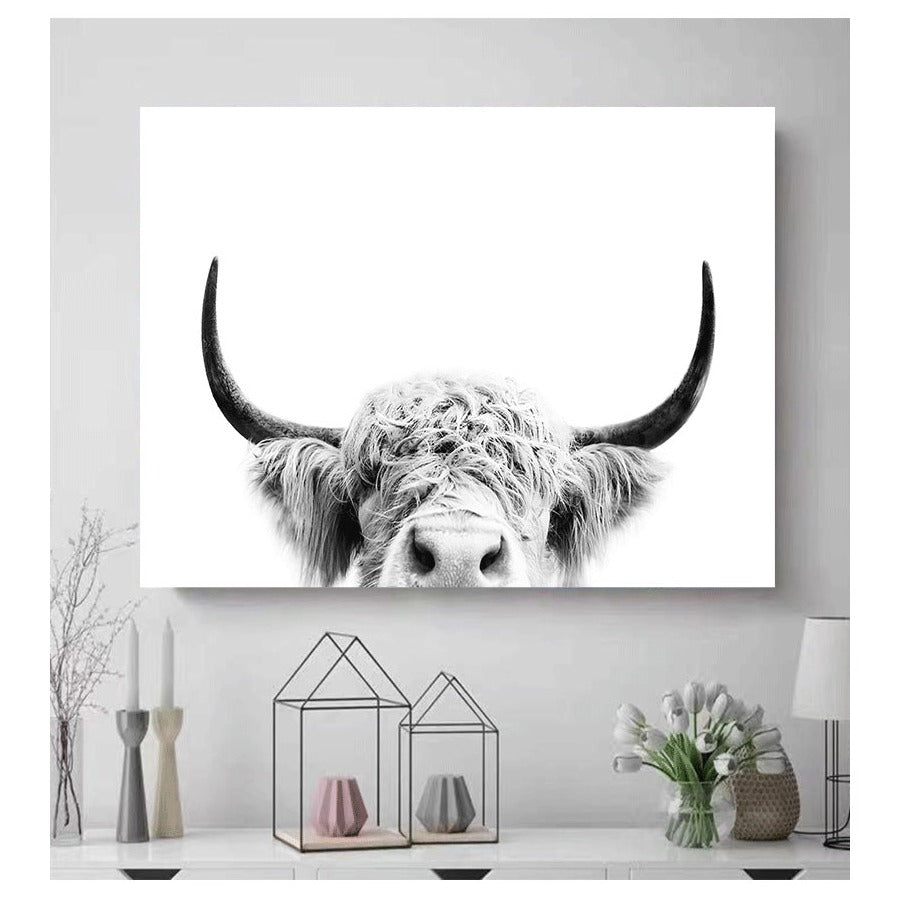 Black and White Highland Cow Wall Art Canvas Print