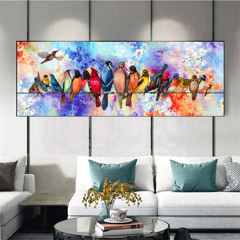 Coloured Birds Perched On Wire Wall Art Canvas Print