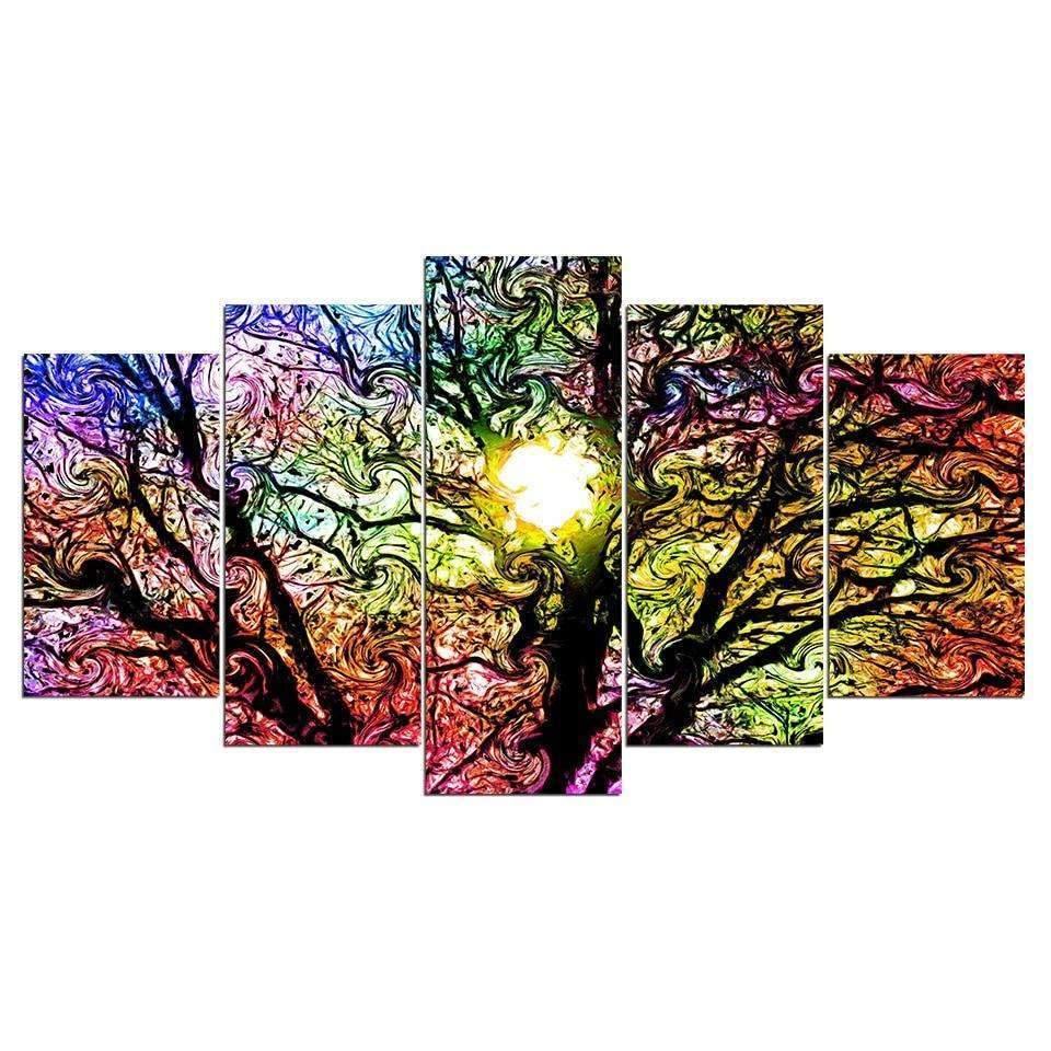 Five Panel Stained Glass Tree Wall Art Canvas Print