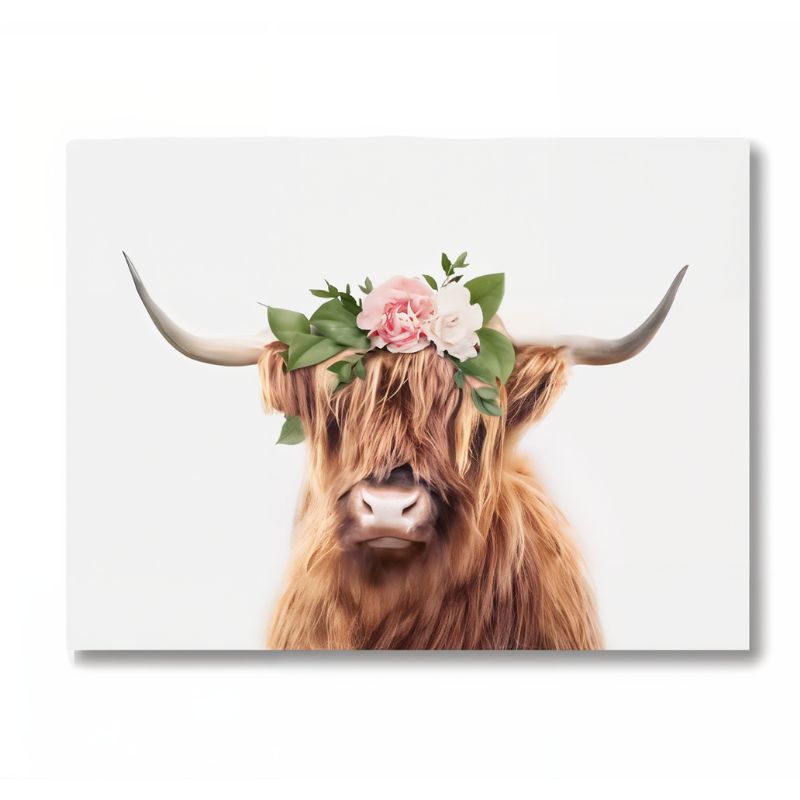 Floral Crown Highland Cow Wall Art Canvas Print