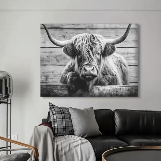 Highland Cow Watching you black and white Canvas Print