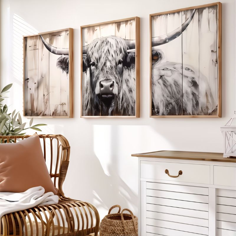 Rustic Style Highland Cow Canvas Print - Set of 3