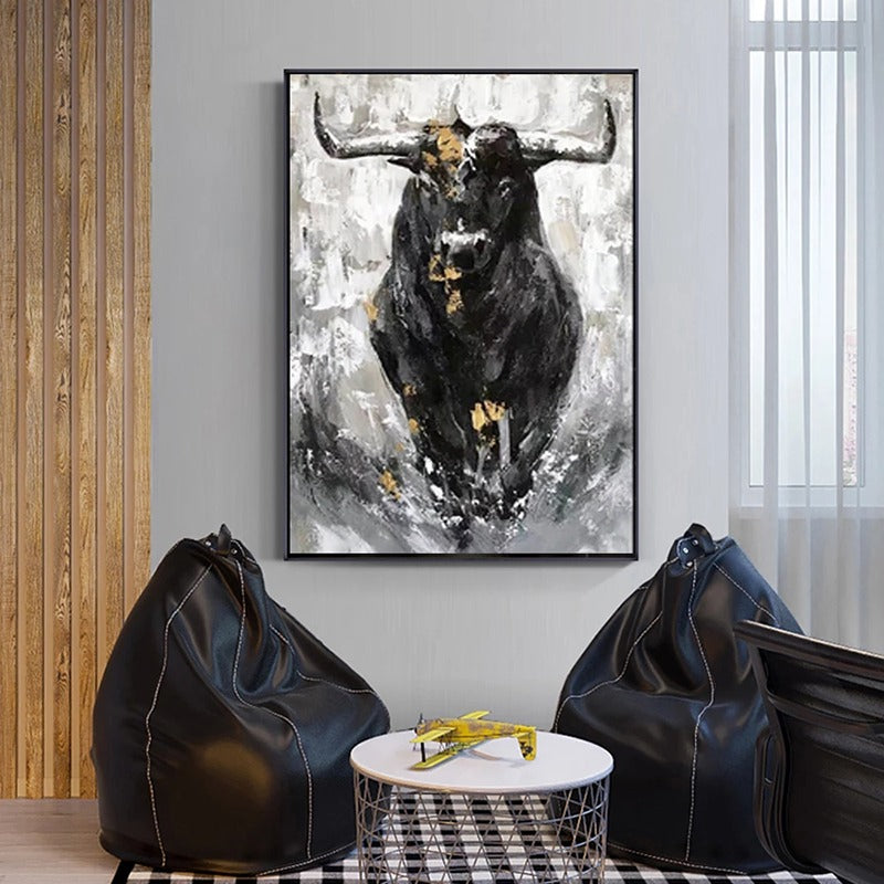 tableau taureau noir et blanc toile