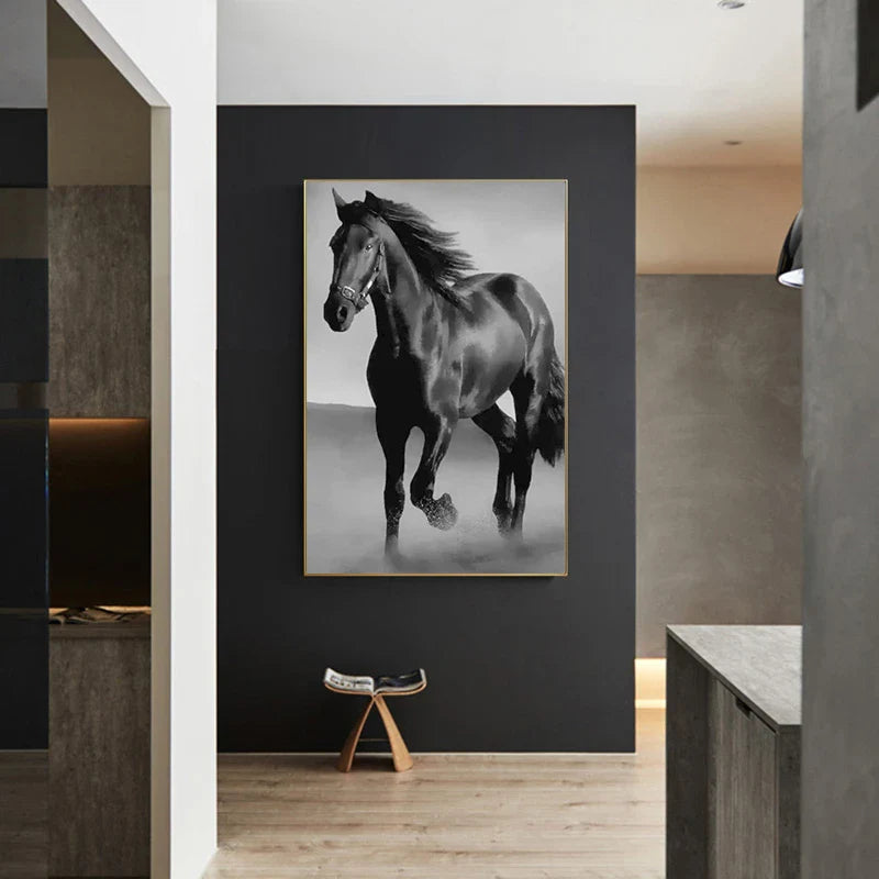Tableau cheval noir cadre
