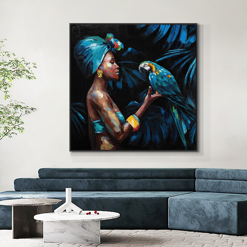 African Woman and Parrot Canvas Print