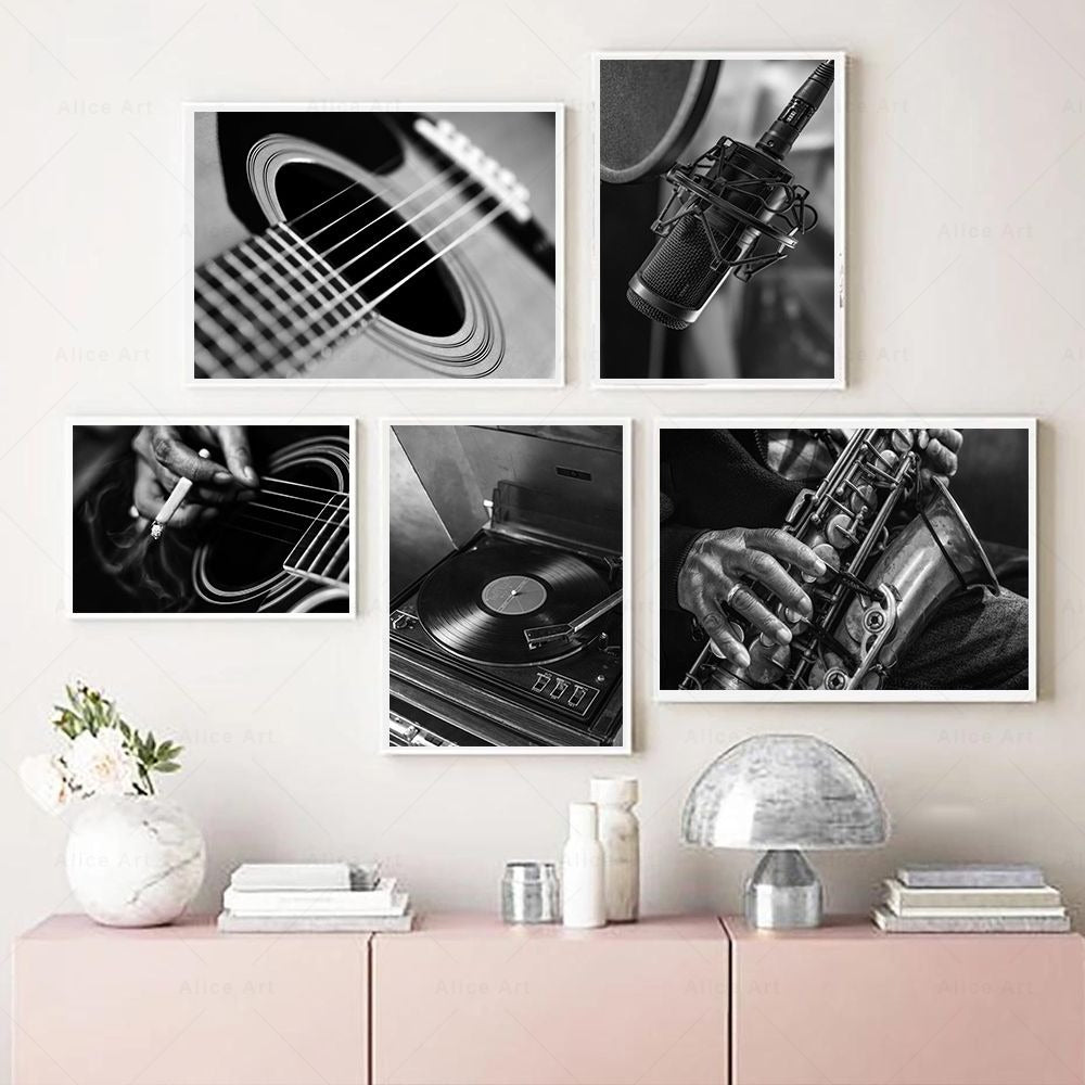Black and White Guitar Wall Art Canvas Print