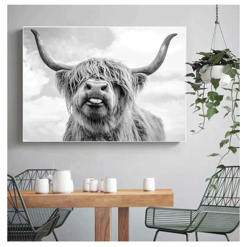 Black and White Highland Cow Wall Art Canvas Print