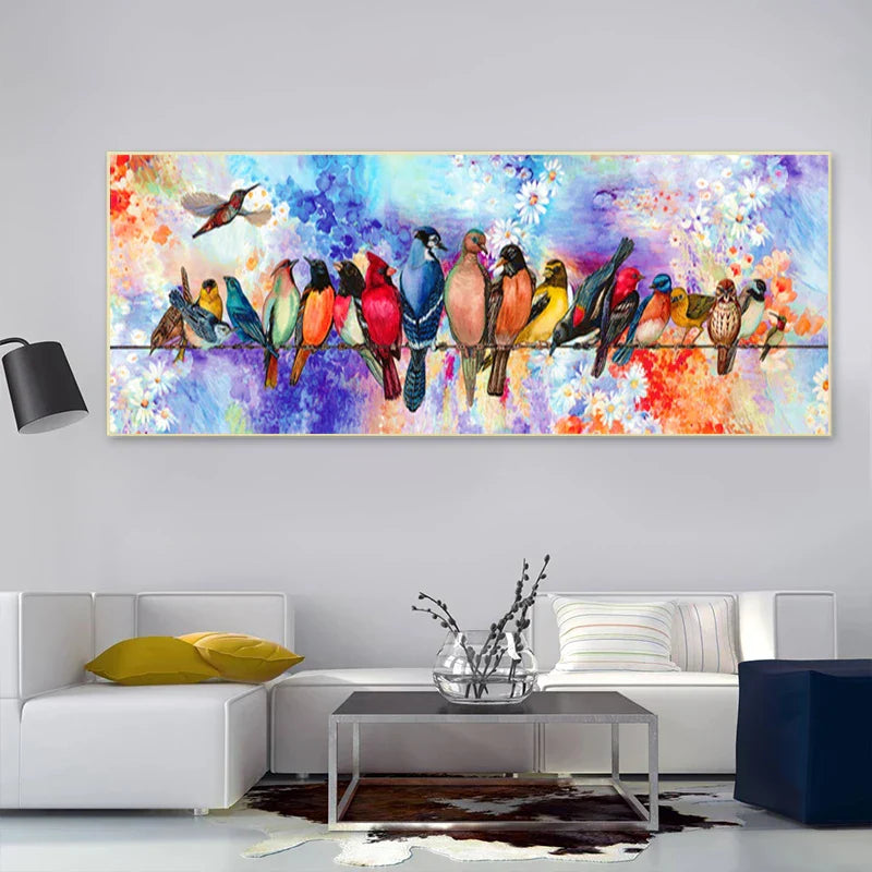 Coloured Birds Perched On Wire Wall Art Canvas Print