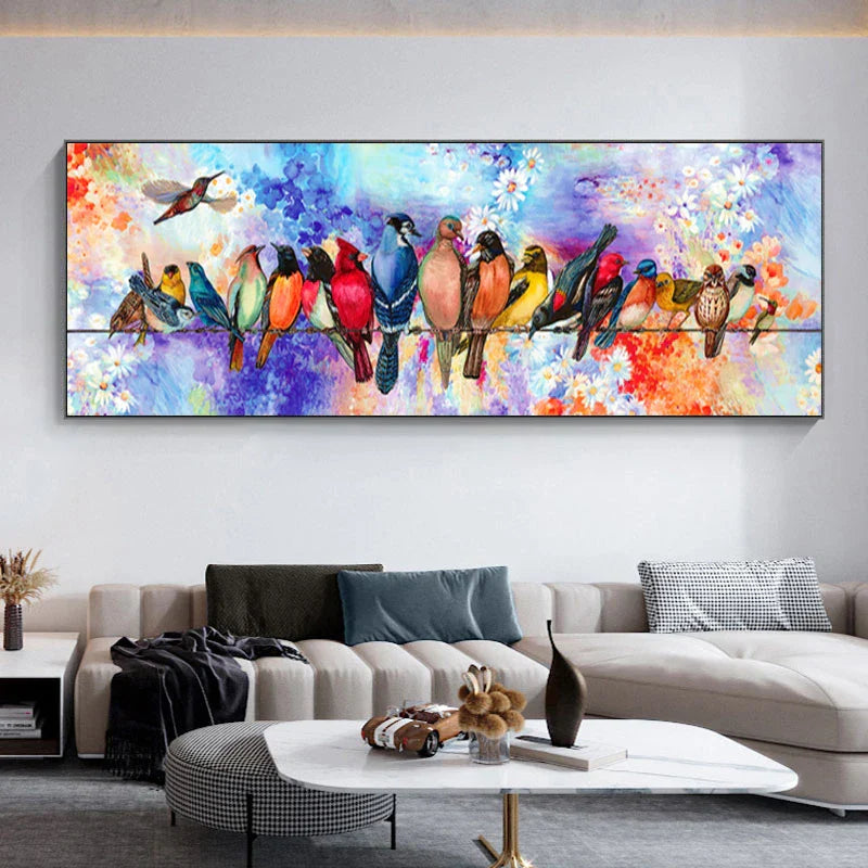 Coloured Birds Perched On Wire Wall Art Canvas Print