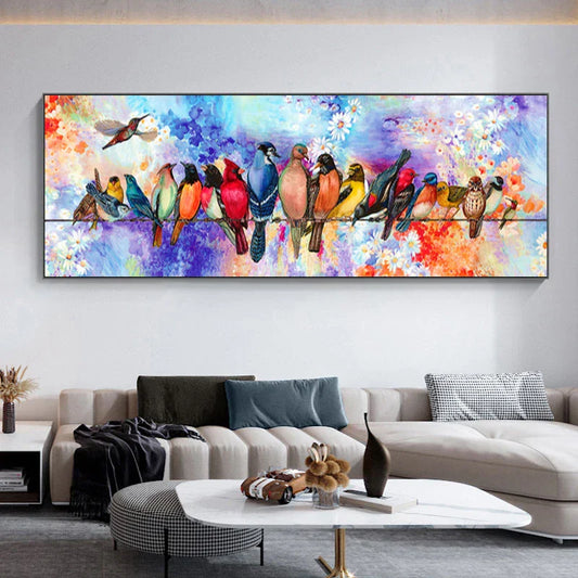 Coloured Birds Perched On Wire Wall Art Canvas Print