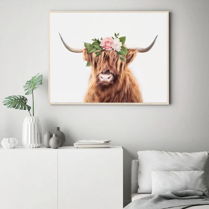 Floral Crown Highland Cow Wall Art Canvas Print