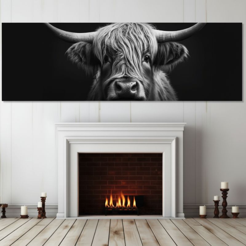 Large Highland Cow Close-Up Black and White Canvas Print