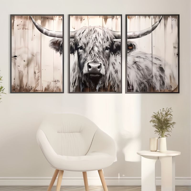 Rustic Style Highland Cow Canvas Print - Set of 3