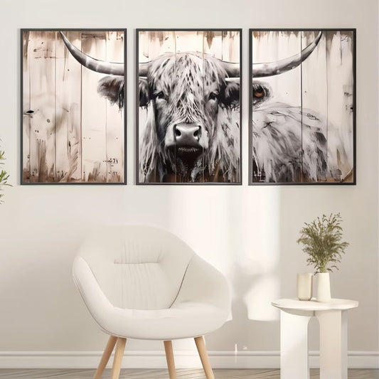 Rustic Style Highland Cow Canvas Print - Set of 3