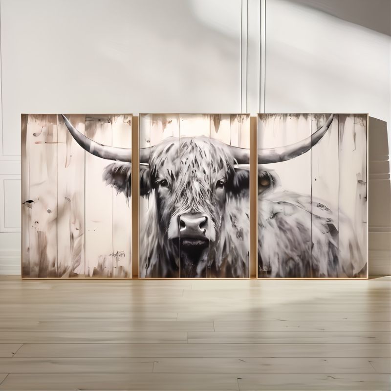 Rustic Style Highland Cow Canvas Print - Set of 3