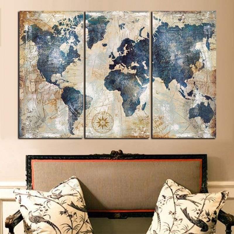 Tableau Carte du Monde | Décoration murale triptyque imprimée sur toile. - wallartcorner.co.uk