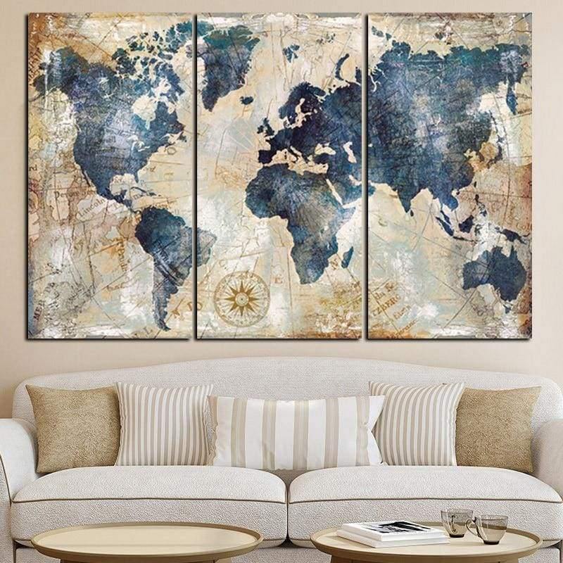 Tableau Carte du Monde | Triptyque imprimé sur toile. - wallartcorner.co.uk